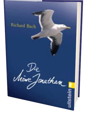 Buchcover von 'Die Möwe Jonathan' von Richard Bach, mit einer fliegenden Möwe auf blauem Hintergrund, veröffentlicht von Ullstein.