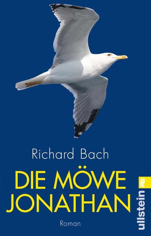 Buchcover von 'Die Möwe Jonathan' von Richard Bach, mit einer fliegenden Möwe auf blauem Hintergrund, veröffentlicht von Ullstein.