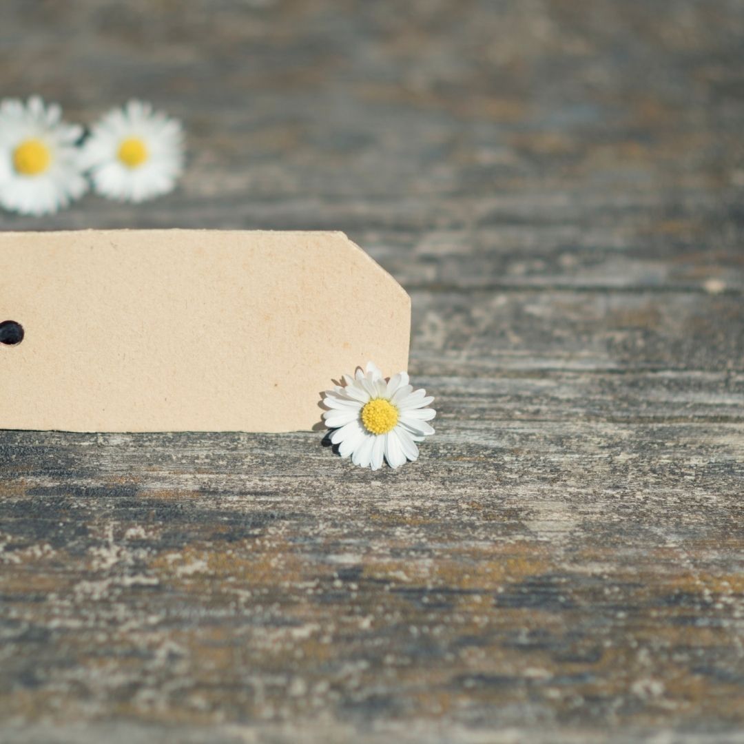 Anhängeetikett mit kleinen Gänseblümchen auf Holz – Gefühle benennen schafft Abstand