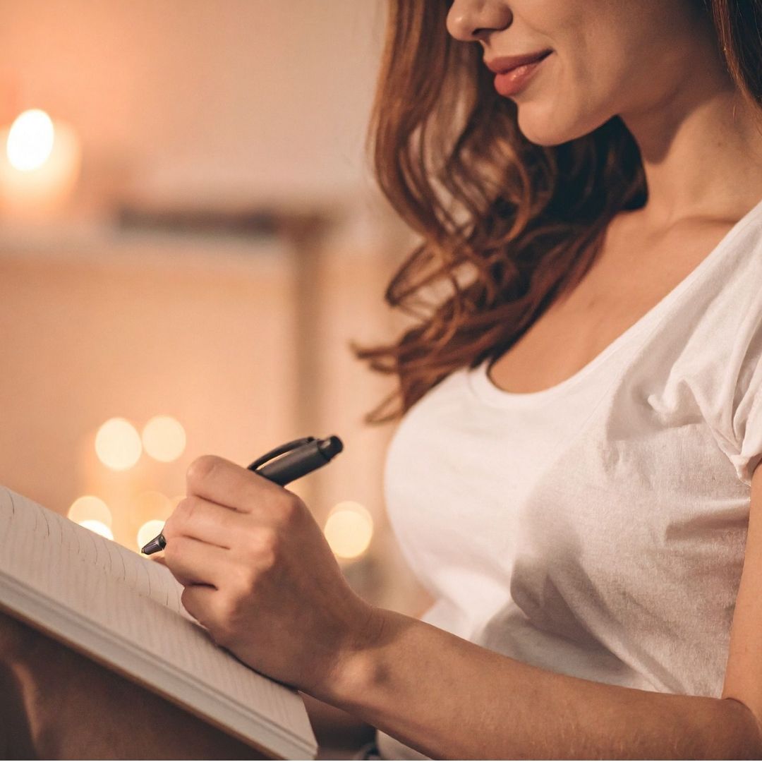 Dankbarkeitstagebuch – Hand schreibt „I am grateful“ in ein Notizbuch.